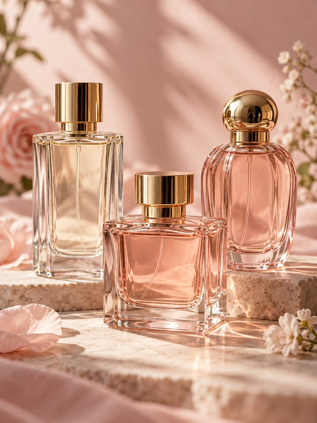 Frascos de perfumes em tons rosados